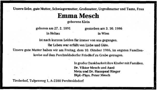 Klein Emma 1891-1986 Todesanzeige